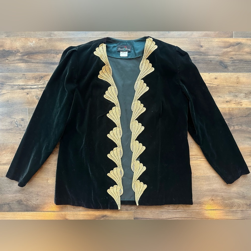 Vintage David Rose Green Velvet Jacket Gold Trim Shoulder Pads USA Large